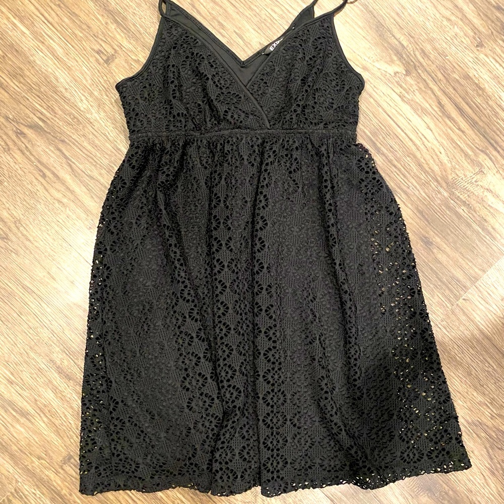 Express, spaghetti strap mini dress, empire waist, crochet lace overlay